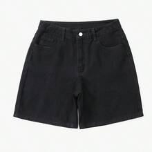 女士纯色百慕大牛仔短裤，休闲黑色夏季款 - 黑色 - 查看 4