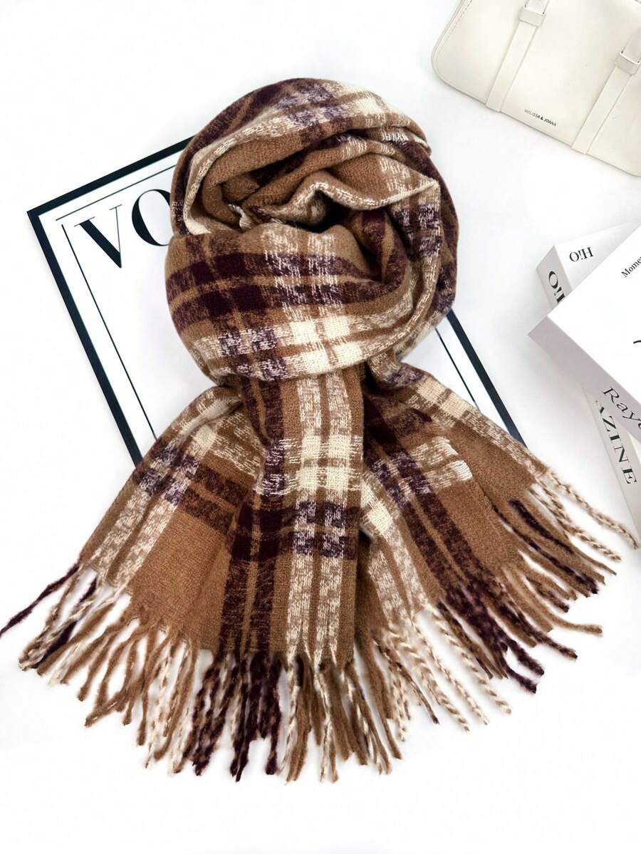 1pc Universal Multi-Color Plaid New Style Versatile Casual Scarf Suitable For Autumn/Winter Use - Chestnut Brown Coffee - View 1