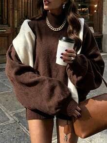 Sweater Rajut Hangat Longgar Berkerah Tinggi untuk Musim Gugur/Dingin, Bahu Jatuh, Atasan Pullover Tebal Lembut Bergaris, Pakaian Rajut Serbaguna Minimalis untuk Perjalanan Sehari-hari dan Berlapisan - Coffee Brown - View 7