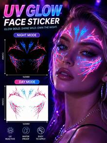 Halloween UV Fluorescent Face Temporary Tattoos, Neon Pink & Blue Glow Under Blacklight, Waterproof Long Lasting Face Stickers For Halloween Party, Rave, Festival, Club, Cosplay Makeup, Easy To Apply & Remove - Multicolor - View 6