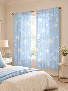 2Pcs Fresh Blue Daisy Curtains, Artistic Floral Print, Bedroom Kitchen Translucent Decorative Curtains - Multicolor - View 6