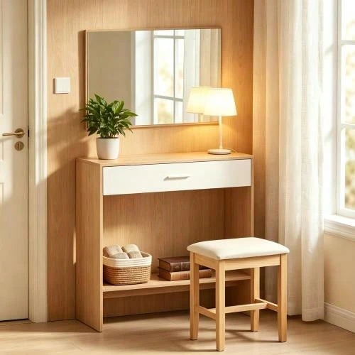 Elegant Hallway Organizer, Modern Vanity Table With Mirror, Console Table - Nature - View 1