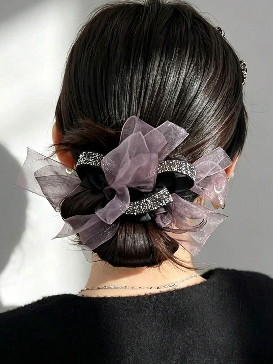 1pc Organza Bow Rhinestone Decorated Hair Tie, Elegant Bun Ponytail Hair Scrunchie, Women's Fashion Hair Accessory - Multicolor - View 1
