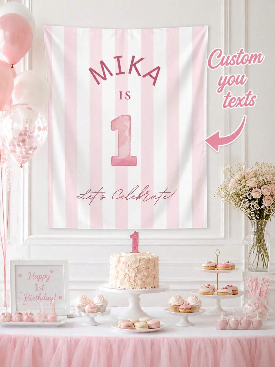 1pc Customized First Birthday Tapestry, Personalized Baby Photo Wall Hanging, Custom Number Birthday Backdrop, Baby Milestone Party Decor, Fabric Wall Banner, Nursery Room Decoration, Birthday Gift, Personalized Keepsake For Parents - Multicolor - View 1