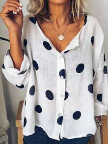 Blus Ukuran Besar Gaya Prancis Motif Polkadot Transparan Lengan Panjang Leher Bulat Warna Putih - Putih - View 9
