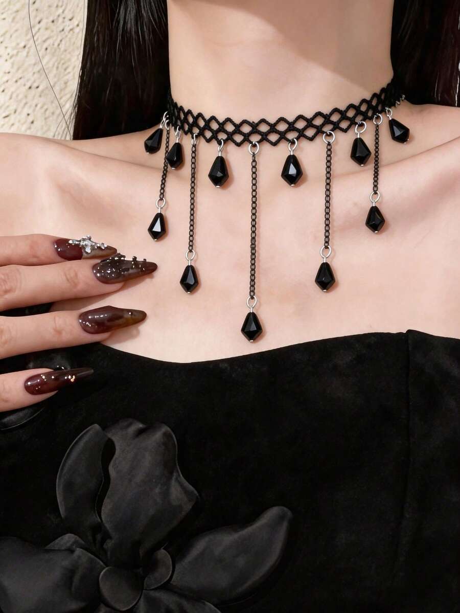 1pc Women's Fashion Personalized Vintage Lace Hollow Gothic Choker Chain Tassel Necklace Collarbone Chain Necklace - Multicolor - View 1