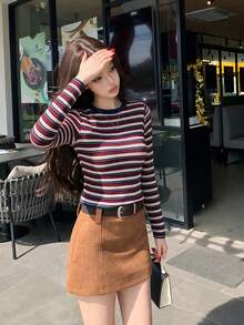 Women's American Retro Striped Contrast Color Knitted Long Sleeve T-Shirt, Crew Neck Inner Layer Base Top, Short Length, Autumn/Winter Fall - Red and White Stripes - View 3