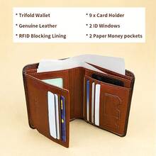 Cartera de cuero, regalos de Día del Padre para hombres, carteras de cuero auténtico trifold con bloqueo RFID para hombres - soporte de tarjetas de crédito multifunción corto vintage de piel - Café integral - Ver 9