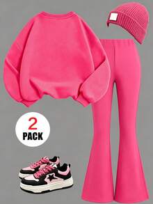 2 Pieces Set Girls' Flower Print Crewneck Long-Sleeve Sweatshirt And Flare Pants, Fashionable And Casual, Suitable For Autumn And Winter - Hot Pink - View 3