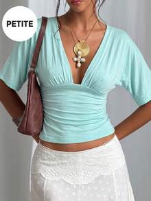 Soulscape Women's Elegant Vacation Casual Deep V-Neck Top For Petite Summer - Light Blue - View 4