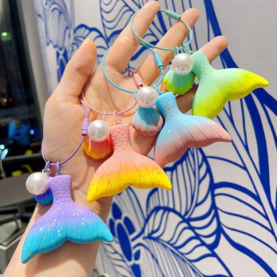 1PCSGradient Pearl Mermaid Tail Keychain Cute Bag Pendant Car Key Chain Girls Gift Ornament - Multicolor - View 1