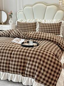 Brown Plaid Print Ruffle Edge Duvet Cover 4-Piece Set, Soft And Comfortable Bedroom Bedding Set Including 1 Duvet Cover, 1 Bed Sheet, 2 Pillowcases, No Filling, Suitable For Bedroom, Dorm, Home Use, Multiple Size Options, Back To School Dorm Decor, College Decor - Brown - View 1