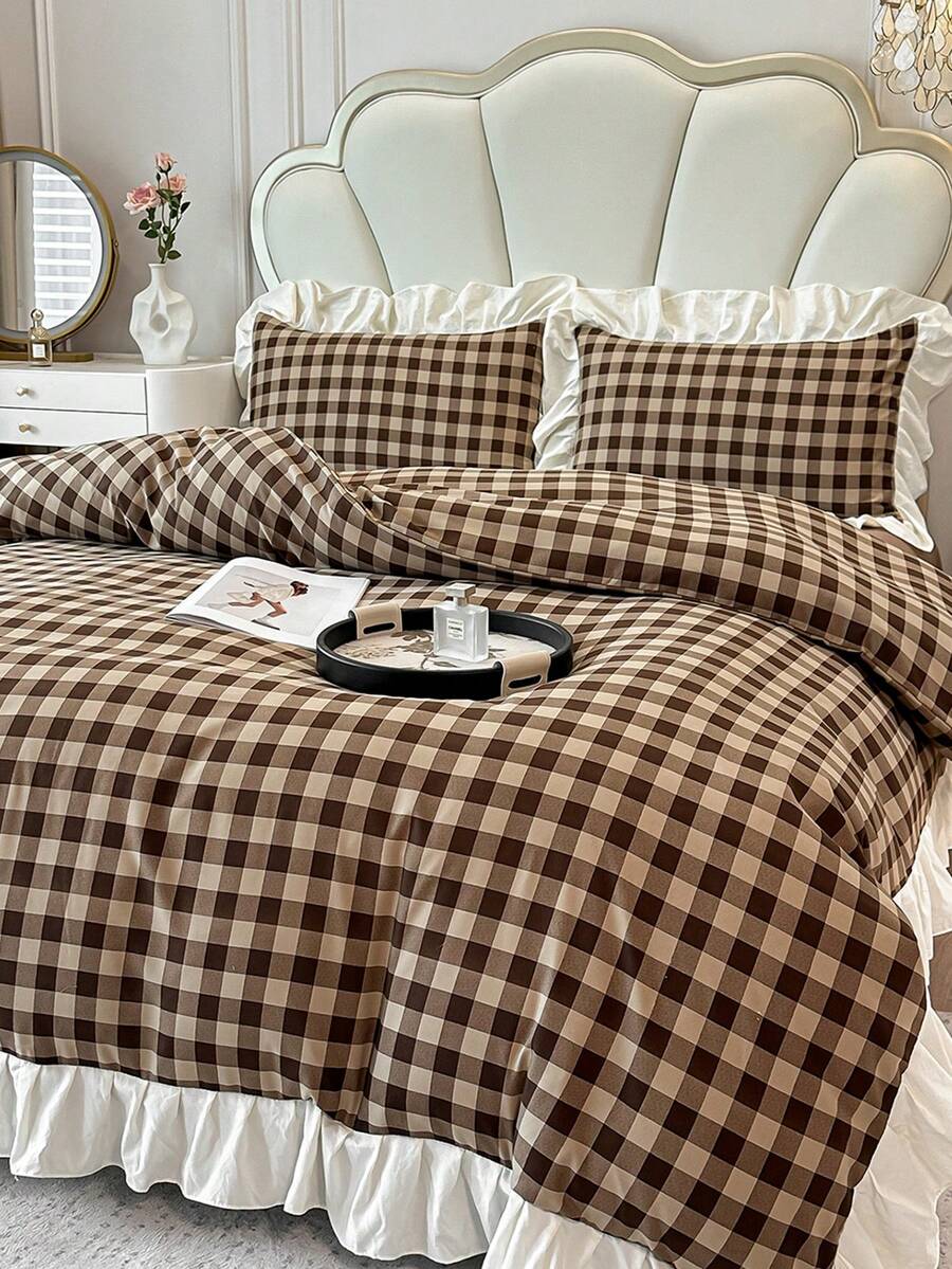 Brown Plaid Print Ruffle Edge Duvet Cover 4-Piece Set, Soft And Comfortable Bedroom Bedding Set Including 1 Duvet Cover, 1 Bed Sheet, 2 Pillowcases, No Filling, Suitable For Bedroom, Dorm, Home Use, Multiple Size Options, Back To School Dorm Decor, College Decor - Brown - View 1
