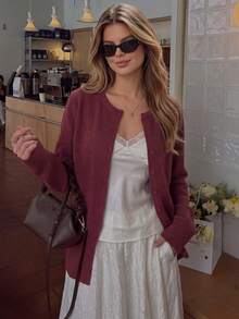 Autumn Women Round Neck Knit Cardigan Long Sleeve Button Front Split Hem Burgundy Slim Casual Festival Outfit - Red - View 8