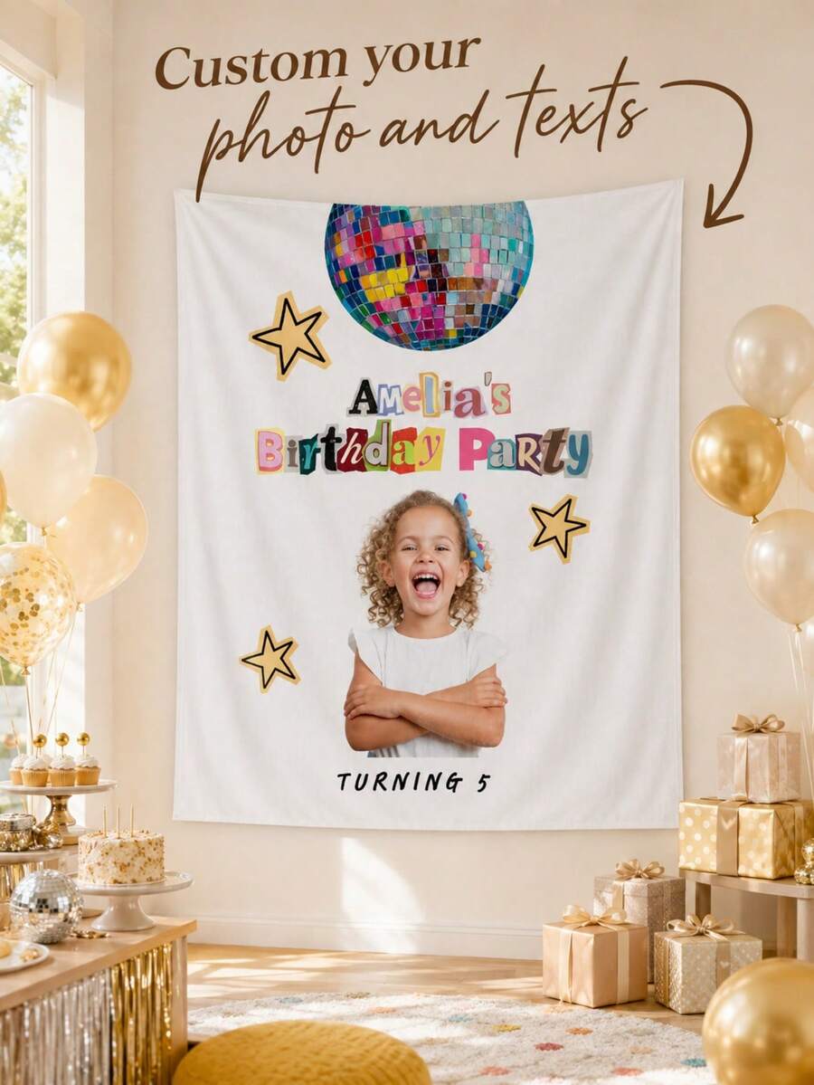1pc Customized Children's Birthday Wall Hanging, Personalized Photo Backdrop, Name Customized Wall Decor, Baby Growth Commemorative Birthday Decoration, Fabric Wall Art, Family Memorial Gift - Multicolor - View 1
