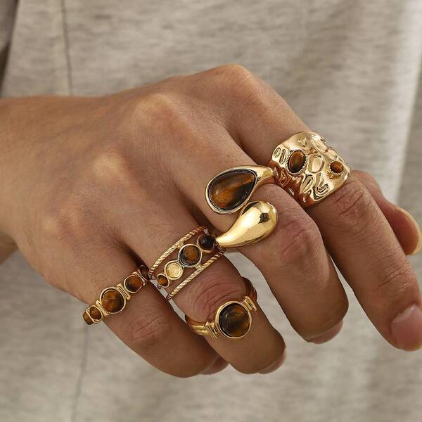 Set 5 buah cincin logam batu mata harimau kelas atas terlaris baru dari Eropa dan Amerika, cincin jari serbaguna yang dapat ditumpuk, aksesori perhiasan tangan.