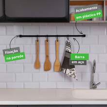 Barra de Utensílios de Cozinha 60cm com 4 Ganchos – Organizador de Parede para Cozinha - Preto - Visão 3