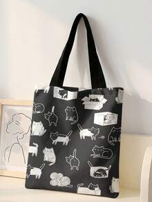 1pc Cartoon Cat Print Black Canvas Tote Bag, Lightweight Durable , Multi-Use Shoulder/Hand Bag For Students, Commuting & Daily Shopping - Black and White - View 2