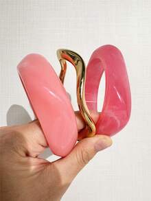 3pcs Pink Tone Bracelet Set, Asymmetrical Square Thick Bangles, Women's Combination Bracelets - Multicolor - View 2