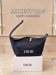 Dark Denim Handheld Cosmetic Bag Multi-Space Makeup Storage Organizer Metal Letter Logo Wash Pouch Classic Luxury Beauty Gift For Women - Dior Cosmetic Bag DIOR-GIFT-123 - Denim Blue - View 4