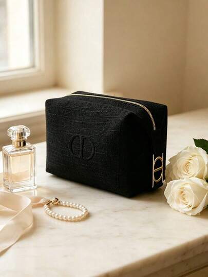 Black Textured Linen Embossed CD Logo Makeup Bag, Gold Zipper Large Cosmetic Storage Pouch, Portable Travel Beauty Organizer Elegant Gift For Women DIOR-GIFT-137