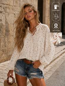 EARO Autumn New Women's Shirt, Floral Print V-Neck Design, Casual Loose Long Sleeve Blouse Spring Vacation - Apricot - View 1