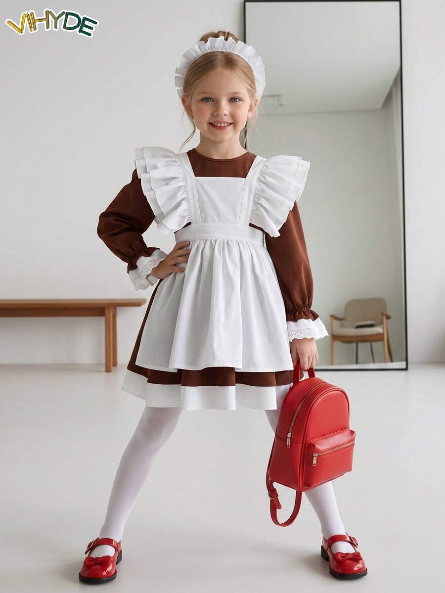Vihyde Tween Girls Princess Style Long Sleeve Dress & Vintage Ruffle Apron 2 Pieces Set, Autumn/Winter - White - View 1