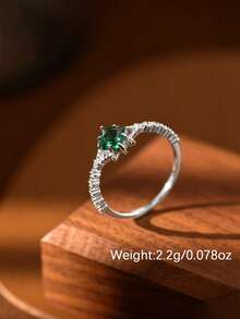 SYMFNY 1pc Elegant 925 Sterling Silver Gold Plated Teardrop Emerald CZ Ring With Side Zirconia Accents, Stackable Ring, Daily Party Holiday Jewelry Gift For Her - Silver - View 3