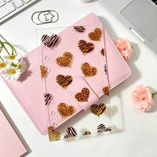 1pc Cute A6 Acrylic Insert Cover, Animal Print Heart And Bow Design Transparent Planner Case, Aesthetic Notebook Accessory, Compatible With 6-Hole Binders - A - View 4