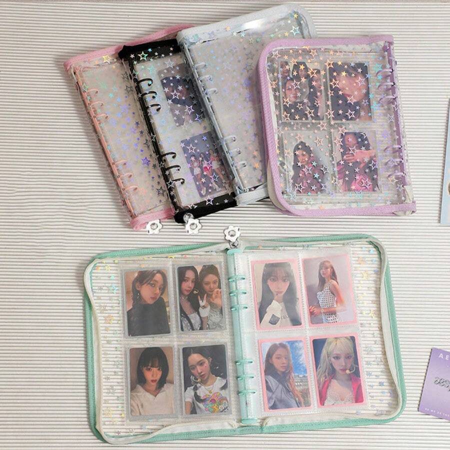 A5 雷射星星拉鍊活頁收納夾 DIY 手帳透明 K-Pop 偶像相簿可愛文具 - A - 查看 1