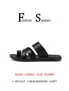 New Men's Toe-Post Cross Strap Design Solid Color Versatile Flip-Flops Outdoor Essential Fashion Men's Slippers - Black - View 13