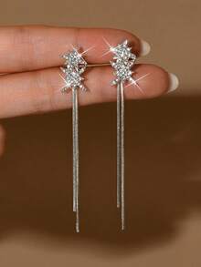 1 Pair Fashionable Long Water Drop Rhinestone Earrings Suitable For Women's Daily Wear - Silver - View 4