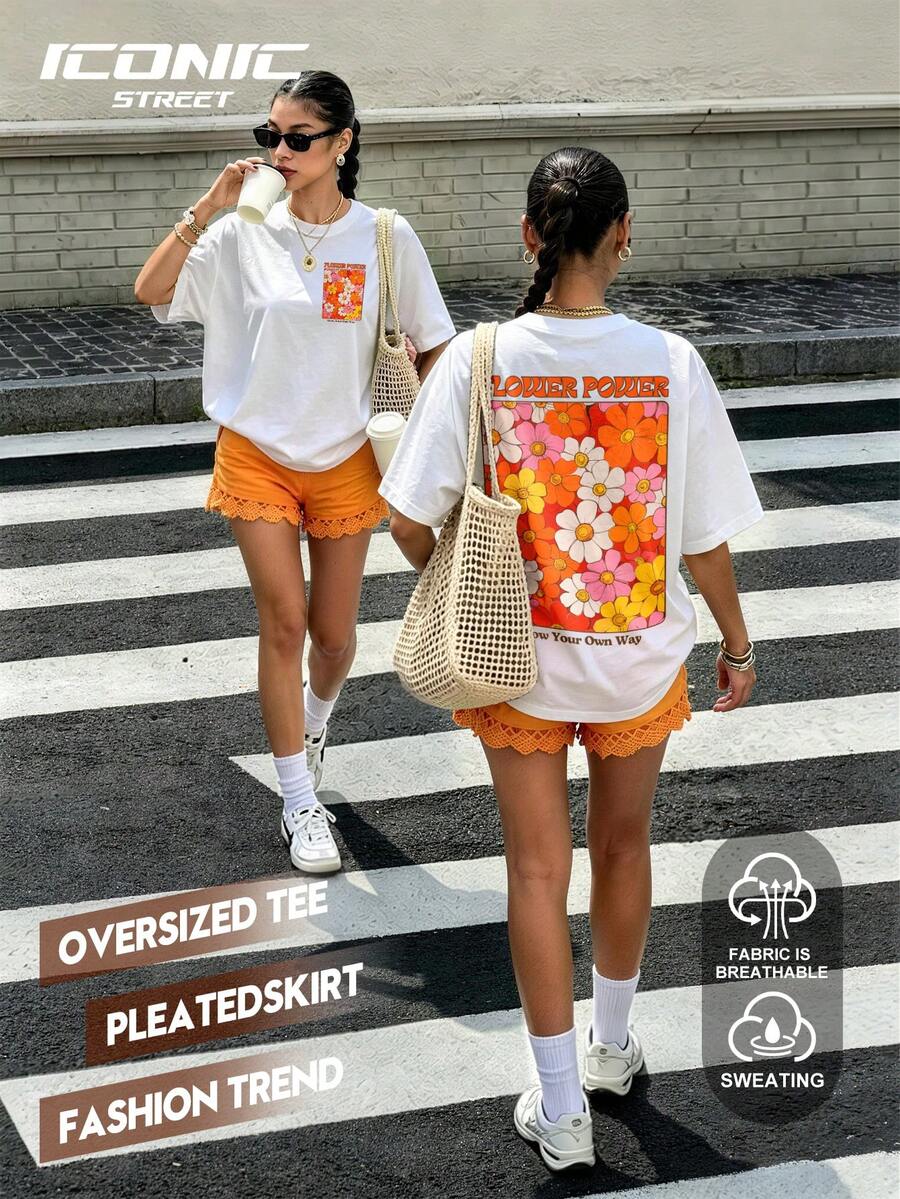 花卉印花短袖T恤,休閒度假白色夏季款 - 白色 - 查看 1