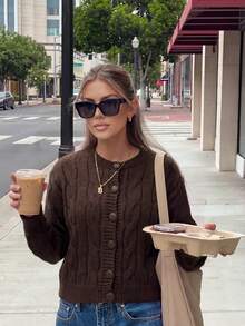 Cardigan Rajut Kabel Leher Bulat Elegan Musim Gugur/Dingin Terbaru untuk Wanita, Gaya Bisnis Kantor/Komuter - Coffee Brown - View 5