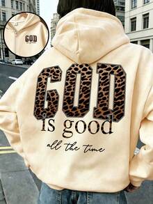 Girls Leopard Print Letter Graphic Hooded Zip-Up Sweatshirt, Casual Long Sleeve Jacket, Comfortable Soft Fabric, Suitable For Autumn/Winter Wear - Apricot - View 1