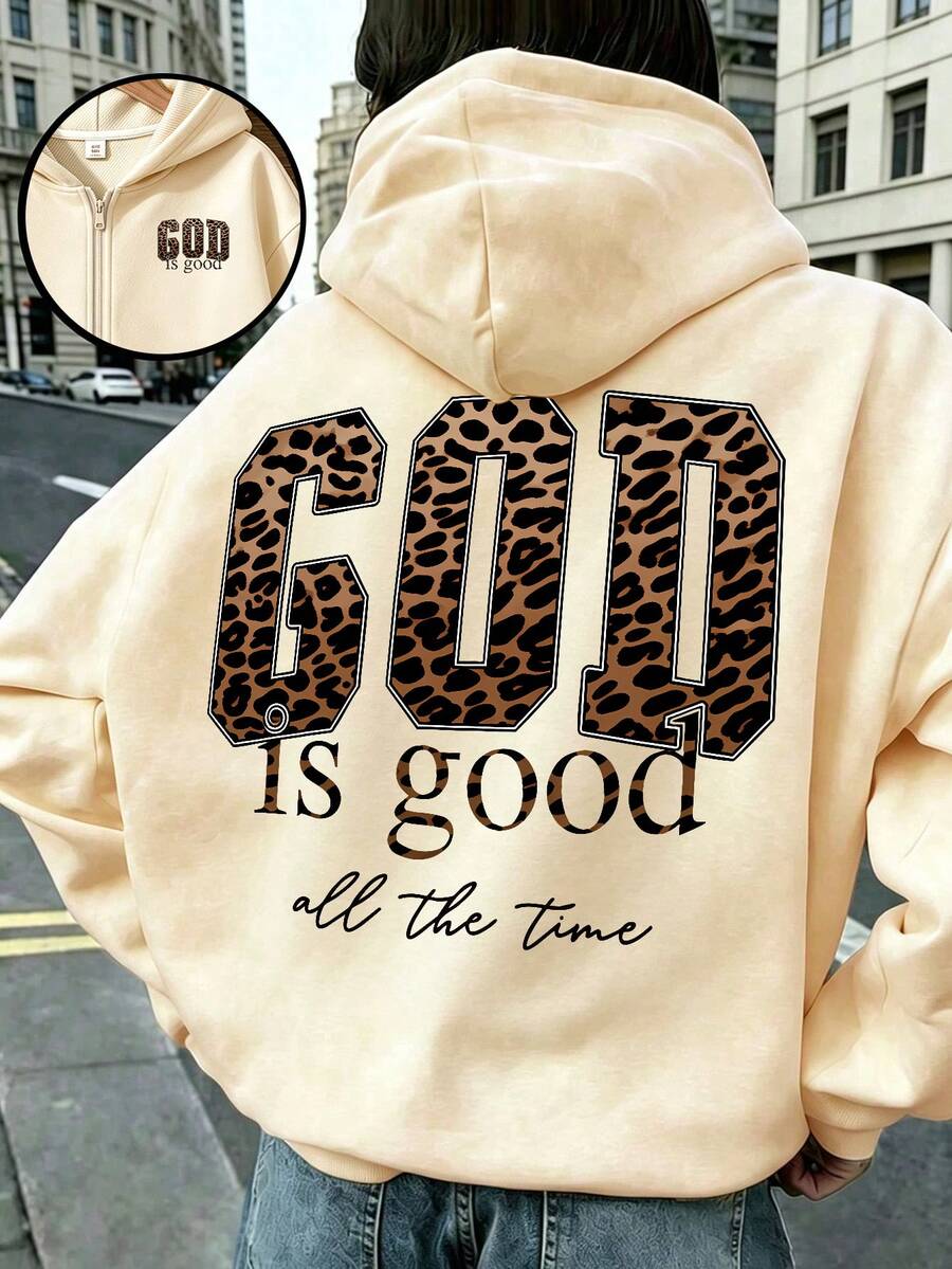 Girls Leopard Print Letter Graphic Hooded Zip-Up Sweatshirt, Casual Long Sleeve Jacket, Comfortable Soft Fabric, Suitable For Autumn/Winter Wear - Apricot - View 1