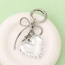 Y2K Minimalist Bow Heart‑Shaped Bag Charm Keychain Silver Metal Car Key Ring Backpack Accessory Women's Valentine's Day/Christmas Gift - Multicolor - View 4