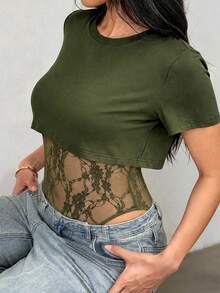 GLAMSKIN Women's Sexy 2-In-1 Short Sleeve Bodysuit, Lace Patchwork Sheer Mesh Summer Party Outfit, Casual Dating Autumn Back To School Outing Wear - Army Green - View 9