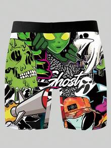 Alien Skeleton Ghost Graffiti Print Shorts, Loose And Comfortable Men's Plus-Size Boxer Briefs - Multicolor - View 3