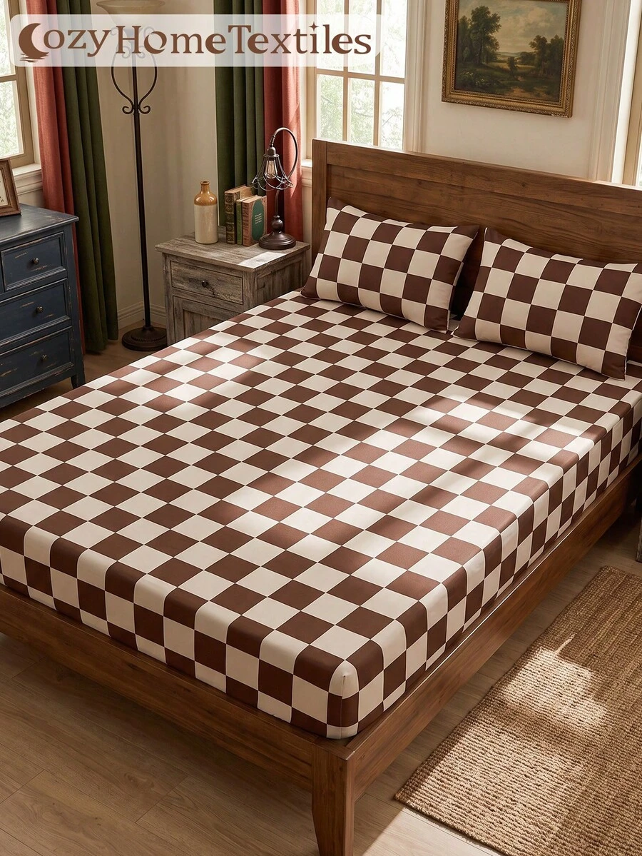 1pc Plaid Fitted Sheet Mattress Protector Cover, Comfortable Breathable Wrinkle-Resistant For Summer, Machine Washable, Twin/Full/Queen/King, Dorm Bedding, All Season, Spring Summer Autumn Winter, Pillow And Pillowcase Not Included, Room Decor