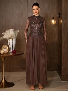 Elegant Women's Long Sleeve Stand Collar Rhinestone Pleated Maxi Dress, Suitable For Formal Evening Banquets And Balls - Coffee Brown - View 9