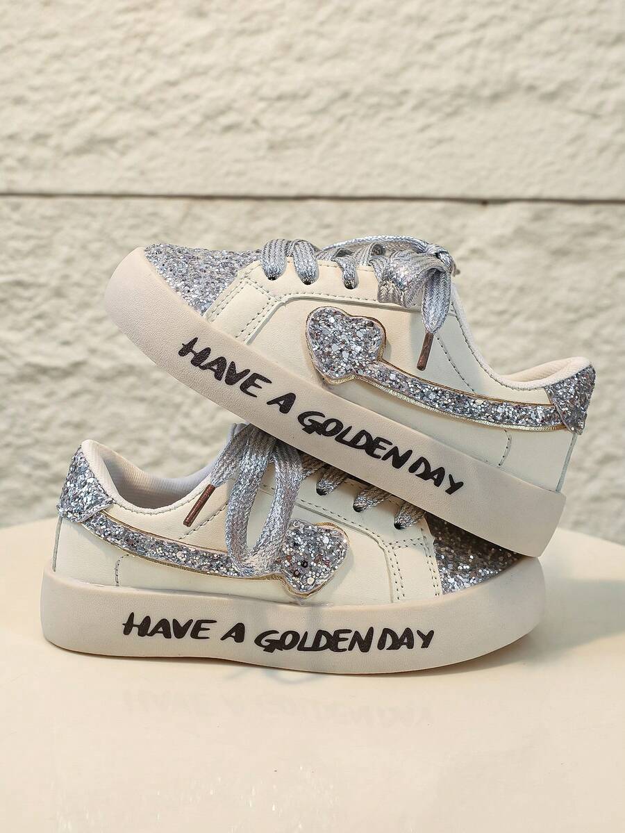 Girls' Sequin Rhinestone Sneakers, New Fashion White Shoes, Soft Sole Lightweight Casual Sports Shoes For Kids - Silver - View 1