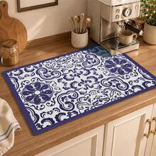 1pc Blue Bohemian Diatomaceous Earth Absorbent Mat, Kitchen Countertop Water-Absorbing Drying Mat, Coffee Machine Mat, Pour-Over Coffee Pot Mat, Dish Draining Mat, Non-Slip Heat-Resistant Kitchen Mat, Dining Table Mat, Breakfast Mat, Washing Machine Mat, Home Kitchen Dining Table Coffee Shop Bar Decor Mat, Holiday Party Housewarming Gift - Multicolor - View 3