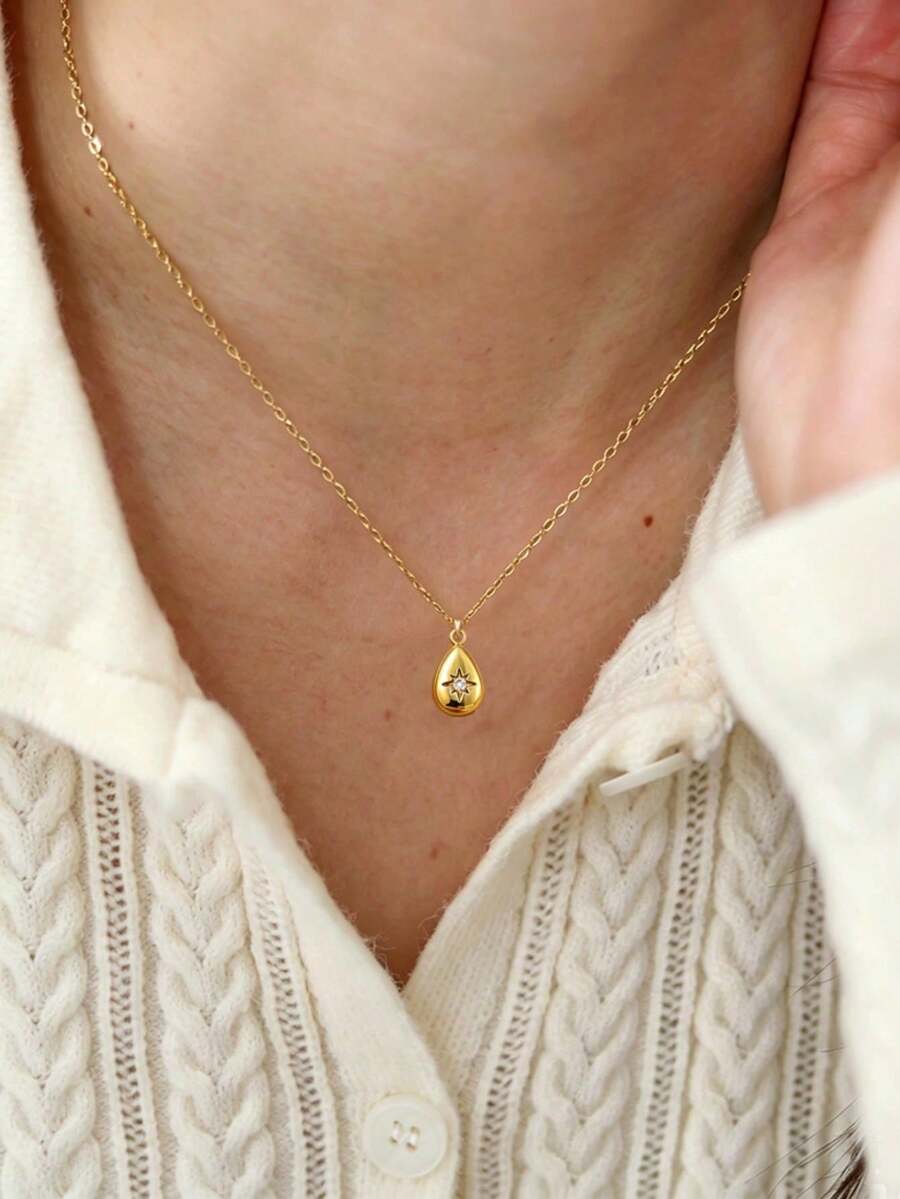 Stainless Steel Waterproof Fade-Resistant Fashion Minimalist Gold Hollow Water Drop Pendant Round Snake Chain Necklace Suitable For Women's Daily Wear - Eight-pointed Star Teardrop - View 1