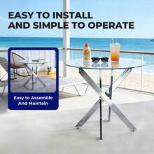 Dining Table With Cross Metal Leg And Tempered Glass, Modern Space-Saving Kitchen Table For Living Room,  Legs, Round Table, Silver Legs, 80x80x75cm - 銀色 - 查看 5