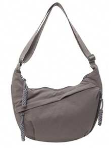 Fashionable Yellow Nylon Waterproof Shoulder Bag, Minimalist Casual College Style, Wide Strap, Multi-Zipper Design, Suitable For Students - Grey - View 7