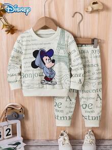 2pcs Disney Autumn Baby Boy Mickey Street Paris Eiffel Tower Print Cute Long Sleeve Ribbed Sweatshirt Olive Green Sweatpants Set Cartoon Pattern Slight Stretch Suitable For Infants Newborns Daily Wear Spring Gift - Olive Green - View 2