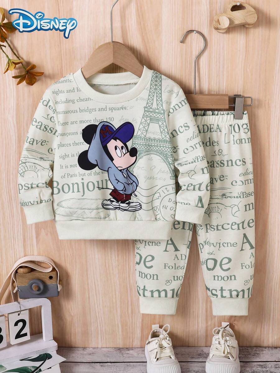2件組 Disney 秋季男嬰 Mickey 街頭巴黎艾菲爾鐵塔印花可愛長袖羅紋衛衣與橄欖綠運動長褲套裝,卡通圖案微彈,適合嬰兒新生兒日常穿著,春季禮物 - 橄欖綠 - 查看 1