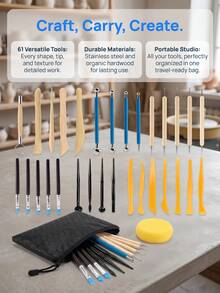 61Pcs Pottery Clay Sculpting Tools Set With Storage Bag Stainless Steel Wood Handle For Carving Modeling - Multicolor - View 1