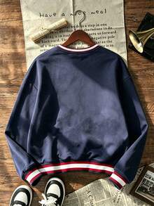 Tween Boy 1pc Contrast Color Print Crew Neck Sweatshirt, Unisex Kids' Clothing, Matching Outfits For Siblings, Best Friends, And Family, Long Sleeve Top For Young Students, Suitable For Autumn And Winter - Navy Blue - View 6